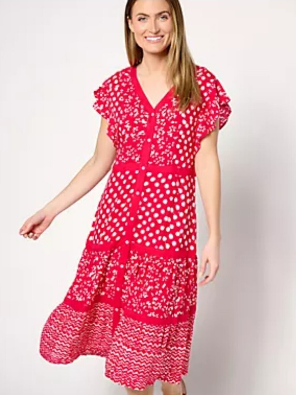 New Dennis Basso Red Floral Polka Dot Viscose Dress